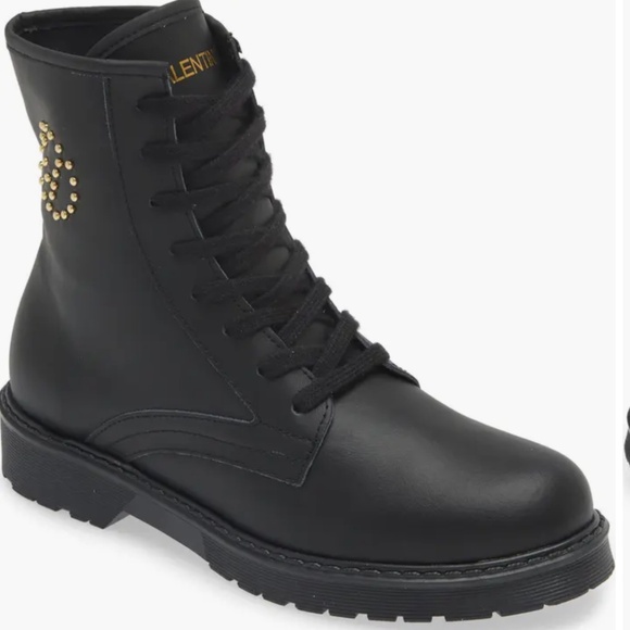 New Valentino Marti Leather Combat Black Boots (Women) - Picture 1 of 6